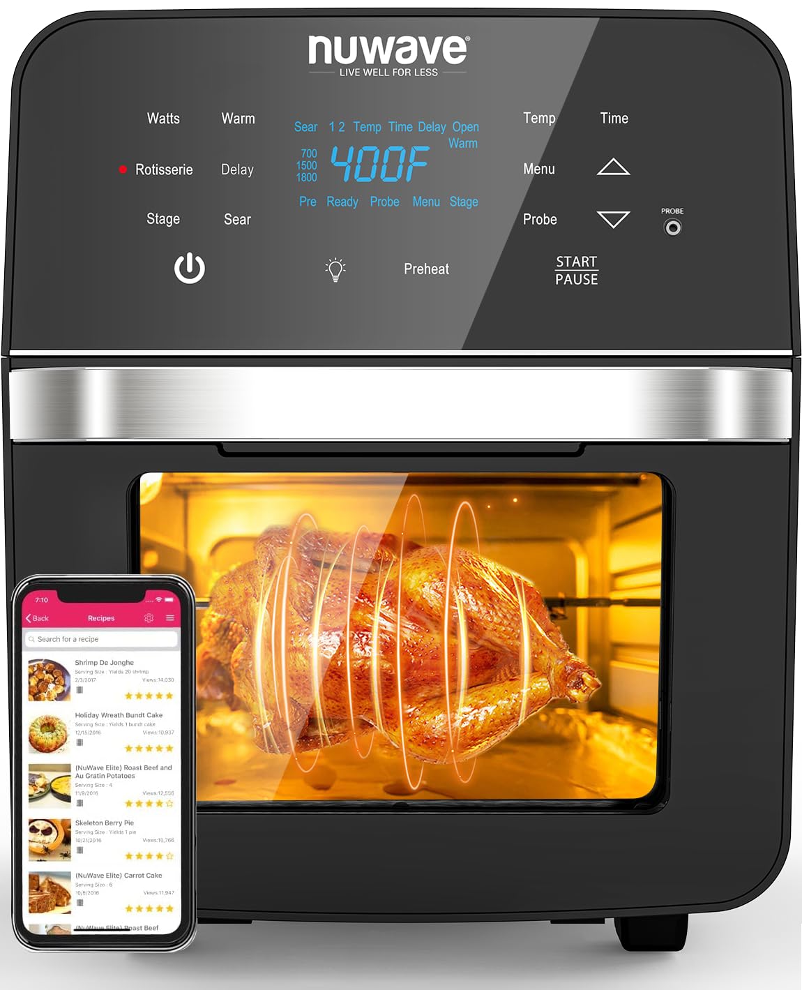 Nuwave Brio Air Fryer Oven, X-Large 15.5Qt Family Size, Powerful 1800W, Integrated Smart Thermometer, Versatile 50F-425F